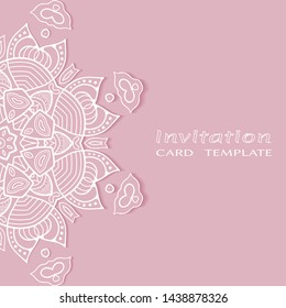 Invitation or Card template with lacе frame border, doodle line pattern, mandala element. Decorative openwork filigree art background for Wedding, Valentine's day greeting card, Birthday Invitation