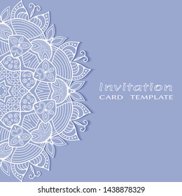 Invitation or Card template with lacе frame border, doodle line pattern, mandala element. Decorative openwork filigree art background for Wedding, Valentine's day greeting card, Birthday Invitation