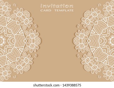 Invitation or Card template with lacе frame border, doodle line pattern, mandala element. Decorative openwork filigree art background for Wedding, Valentine's day greeting card, Birthday Invitation