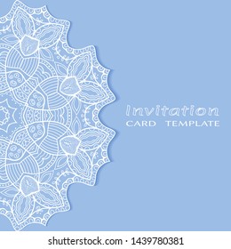 Invitation or Card template with lacе frame border, doodle line pattern, mandala element. Decorative openwork filigree art background for Wedding, Valentine's day greeting card, Birthday Invitation