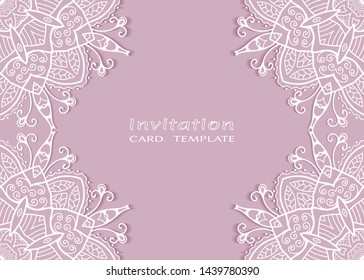 Invitation or Card template with lacе frame border, doodle line pattern, mandala element. Decorative openwork filigree art background for Wedding, Valentine's day greeting card, Birthday Invitation
