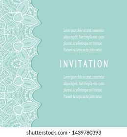Invitation or Card template with lacе frame border, doodle line pattern, mandala element. Decorative openwork filigree art background for Wedding, Valentine's day greeting card, Birthday Invitation