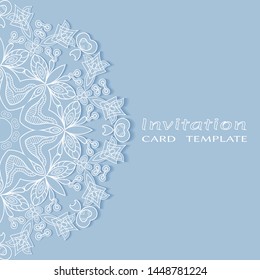 Invitation or Card template with lacе frame border, doodle line pattern, mandala element. Decorative openwork filigree art background for Wedding, Valentine's day greeting card, Birthday Invitation