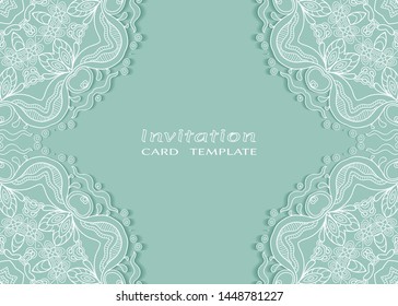 Invitation or Card template with lacе frame border, doodle line pattern, mandala element. Decorative openwork filigree art background for Wedding, Valentine's day greeting card, Birthday Invitation