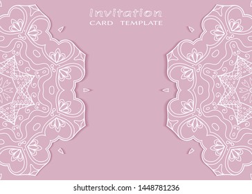 Invitation or Card template with lacе frame border, doodle line pattern, mandala element. Decorative openwork filigree art background for Wedding, Valentine's day greeting card, Birthday Invitation
