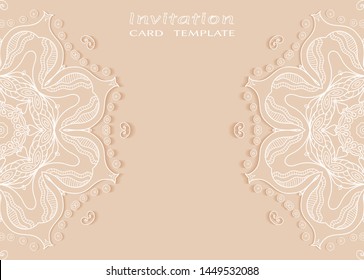 Invitation or Card template with lacе frame border, doodle line pattern, mandala element. Decorative openwork filigree art background for Wedding, Valentine's day greeting card, Birthday Invitation
