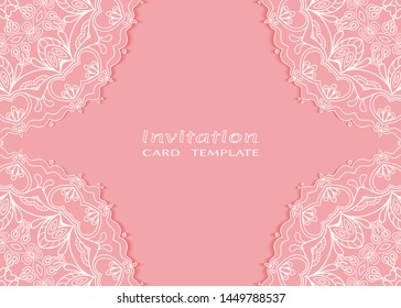 Invitation or Card template with lacе frame border, doodle line pattern, mandala element. Decorative openwork filigree art background for Wedding, Valentine's day greeting card, Birthday Invitation