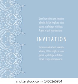 Invitation or Card template with lacе frame border, doodle line pattern, mandala element. Decorative openwork filigree art background for Wedding, Valentine's day greeting card, Birthday Invitation