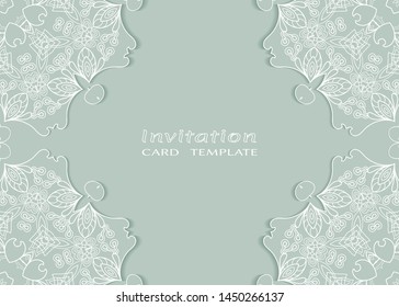 Invitation or Card template with lacе frame border, doodle line pattern, mandala element. Decorative openwork filigree art background for Wedding, Valentine's day greeting card, Birthday Invitation