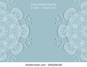 Invitation or Card template with lacе frame border, doodle line pattern, mandala element. Decorative openwork filigree art background for Wedding, Valentine's day greeting card, Birthday Invitation