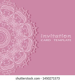 Invitation or Card template with lacе frame border, doodle line pattern, mandala element. Decorative openwork filigree art background for Wedding, Valentine's day greeting card, Birthday Invitation