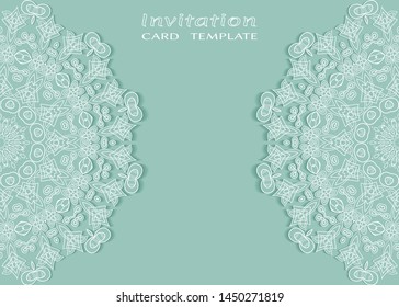 Invitation or Card template with lacе frame border, doodle line pattern, mandala element. Decorative openwork filigree art background for Wedding, Valentine's day greeting card, Birthday Invitation