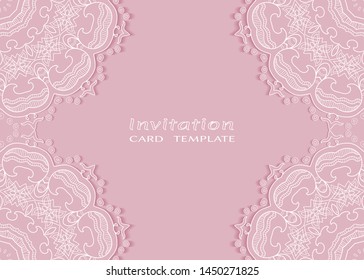 Invitation or Card template with lacе frame border, doodle line pattern, mandala element. Decorative openwork filigree art background for Wedding, Valentine's day greeting card, Birthday Invitation