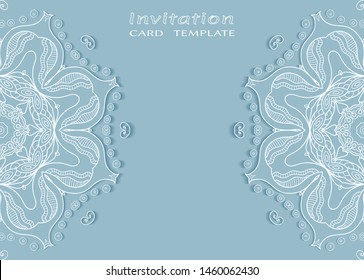 Invitation or Card template with lacе frame border, doodle line pattern, mandala element. Decorative openwork filigree art background for Wedding, Valentine's day greeting card, Birthday Invitation