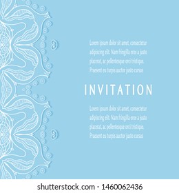 Invitation or Card template with lacе frame border, doodle line pattern, mandala element. Decorative openwork filigree art background for Wedding, Valentine's day greeting card, Birthday Invitation