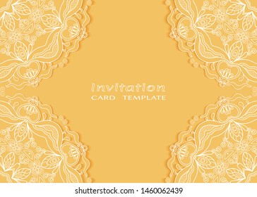 Invitation or Card template with lacе frame border, doodle line pattern, mandala element. Decorative openwork filigree art background for Wedding, Valentine's day greeting card, Birthday Invitation