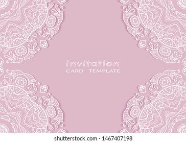 Invitation or Card template with lacе frame border, doodle line pattern, mandala element. Decorative openwork filigree art background for Wedding, Valentine's day greeting card, Birthday Invitation