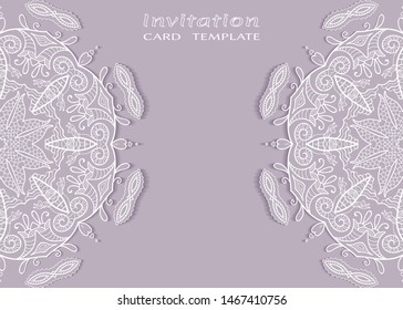 Invitation or Card template with lacе frame border, doodle line pattern, mandala element. Decorative openwork filigree art background for Wedding, Valentine's day greeting card, Birthday Invitation