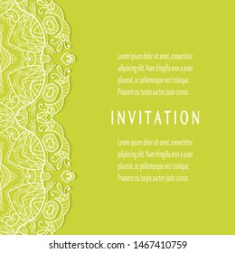 Invitation or Card template with lacе frame border, doodle line pattern, mandala element. Decorative openwork filigree art background for Wedding, Valentine's day greeting card, Birthday Invitation
