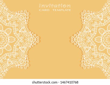 Invitation or Card template with lacе frame border, doodle line pattern, mandala element. Decorative openwork filigree art background for Wedding, Valentine's day greeting card, Birthday Invitation