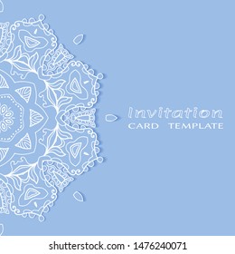 Invitation or Card template with lacе frame border, doodle line pattern, mandala element. Decorative openwork filigree art background for Wedding, Valentine's day greeting card, Birthday Invitation
