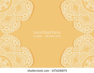 Invitation or Card template with lacе frame border, doodle line pattern, mandala element. Decorative openwork filigree art background for Wedding, Valentine's day greeting card, Birthday Invitation