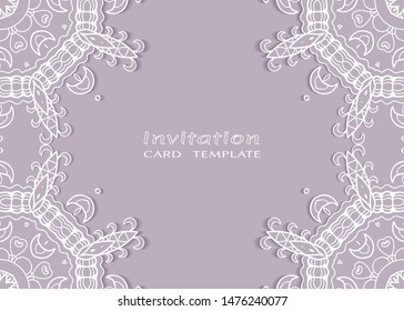 Invitation or Card template with lacе frame border, doodle line pattern, mandala element. Decorative openwork filigree art background for Wedding, Valentine's day greeting card, Birthday Invitation