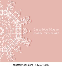 Invitation or Card template with lacе frame border, doodle line pattern, mandala element. Decorative openwork filigree art background for Wedding, Valentine's day greeting card, Birthday Invitation