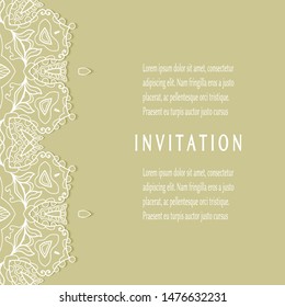 Invitation or Card template with lacе frame border, doodle line pattern, mandala element. Decorative openwork filigree art background for Wedding, Valentine's day greeting card, Birthday Invitation