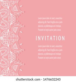Invitation or Card template with lacе frame border, doodle line pattern, mandala element. Decorative openwork filigree art background for Wedding, Valentine's day greeting card, Birthday Invitation