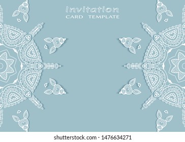 Invitation or Card template with lacе frame border, doodle line pattern, mandala element. Decorative openwork filigree art background for Wedding, Valentine's day greeting card, Birthday Invitation
