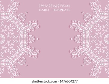Invitation or Card template with lacе frame border, doodle line pattern, mandala element. Decorative openwork filigree art background for Wedding, Valentine's day greeting card, Birthday Invitation