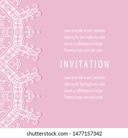 Invitation or Card template with lacе frame border, doodle line pattern, mandala element. Decorative openwork filigree art background for Wedding, Valentine's day greeting card, Birthday Invitation