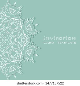 Invitation or Card template with lacе frame border, doodle line pattern, mandala element. Decorative openwork filigree art background for Wedding, Valentine's day greeting card, Birthday Invitation