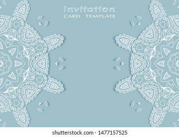 Invitation or Card template with lacе frame border, doodle line pattern, mandala element. Decorative openwork filigree art background for Wedding, Valentine's day greeting card, Birthday Invitation