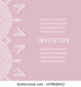 Invitation or Card template with lacе frame border, doodle line pattern, mandala element. Decorative openwork filigree art background for Wedding, Valentine's day greeting card, Birthday Invitation