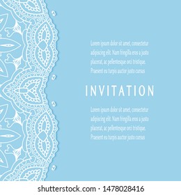Invitation or Card template with lacе frame border, doodle line pattern, mandala element. Decorative openwork filigree art background for Wedding, Valentine's day greeting card, Birthday Invitation