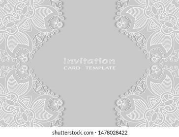 Invitation or Card template with lacе frame border, doodle line pattern, mandala element. Decorative openwork filigree art background for Wedding, Valentine's day greeting card, Birthday Invitation