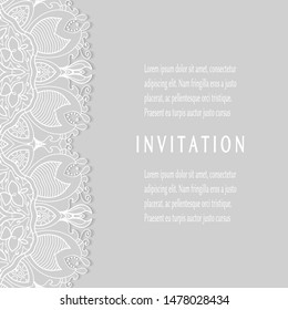 Invitation or Card template with lacе frame border, doodle line pattern, mandala element. Decorative openwork filigree art background for Wedding, Valentine's day greeting card, Birthday Invitation