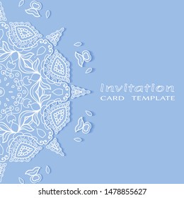 Invitation or Card template with lacе frame border, doodle line pattern, mandala element. Decorative openwork filigree art background for Wedding, Valentine's day greeting card, Birthday Invitation