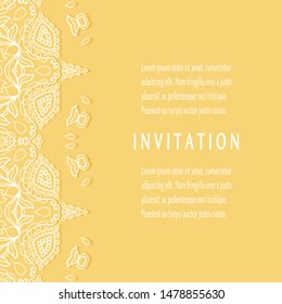 Invitation or Card template with lacе frame border, doodle line pattern, mandala element. Decorative openwork filigree art background for Wedding, Valentine's day greeting card, Birthday Invitation