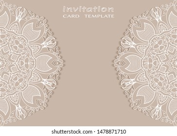 Invitation or Card template with lacе frame border, doodle line pattern, mandala element. Decorative openwork filigree art background for Wedding, Valentine's day greeting card, Birthday Invitation