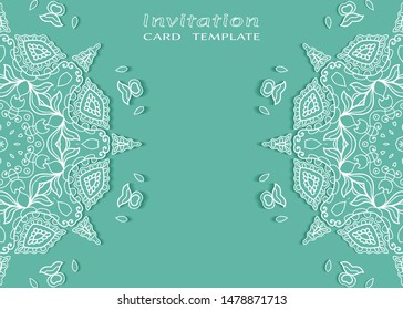 Invitation or Card template with lacе frame border, doodle line pattern, mandala element. Decorative openwork filigree art background for Wedding, Valentine's day greeting card, Birthday Invitation
