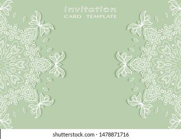 Invitation or Card template with lacе frame border, doodle line pattern, mandala element. Decorative openwork filigree art background for Wedding, Valentine's day greeting card, Birthday Invitation