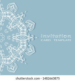 Invitation or Card template with lacе frame border, doodle line pattern, mandala element. Decorative openwork filigree art background for Wedding, Valentine's day greeting card, Birthday Invitation