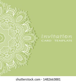 Invitation or Card template with lacе frame border, doodle line pattern, mandala element. Decorative openwork filigree art background for Wedding, Valentine's day greeting card, Birthday Invitation