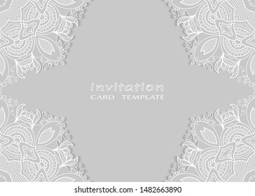 Invitation or Card template with lacе frame border, doodle line pattern, mandala element. Decorative openwork filigree art background for Wedding, Valentine's day greeting card, Birthday Invitation