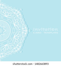 Invitation or Card template with lacе frame border, doodle line pattern, mandala element. Decorative openwork filigree art background for Wedding, Valentine's day greeting card, Birthday Invitation