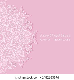 Invitation or Card template with lacе frame border, doodle line pattern, mandala element. Decorative openwork filigree art background for Wedding, Valentine's day greeting card, Birthday Invitation