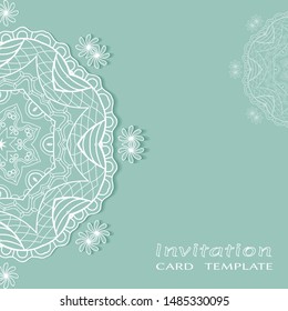 Invitation or Card template with lacе frame border, doodle line pattern, mandala element. Decorative openwork filigree art background for Wedding, Valentine's day greeting card, Birthday Invitation